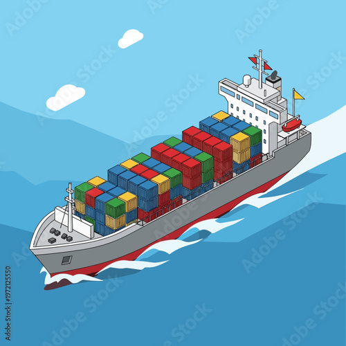 Isometric Cargo Ship Transporting Colorful Containers Across the Ocean.