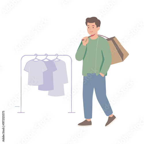 Man walks with bag and looks at shirts on clothing rack indoors