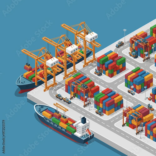 Isometric Cargo Port Illustration - Ships, Cranes, and Container Stacks.