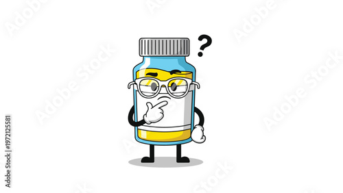 Thinking pill bottle character wearing white glasses and looking up at a question mark to show health or medical confusion.