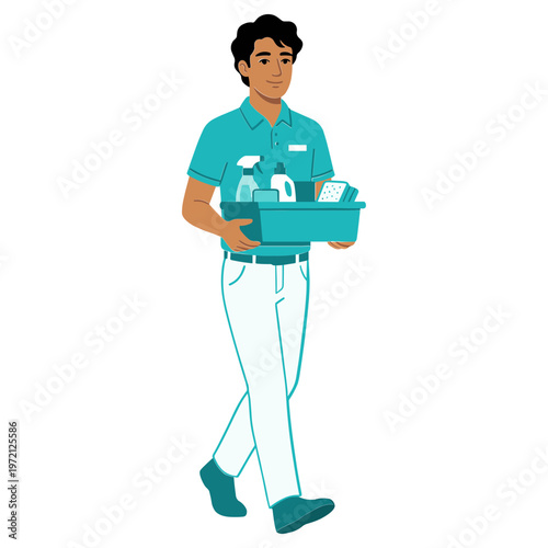 Man carries cleaning supplies in a bucket walking indoors.