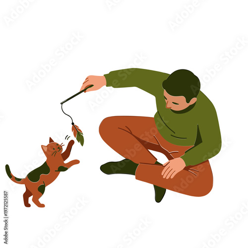 Man playing with curious cat using toy feather on string indoors