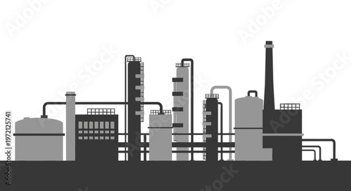 Industrial factory plant illustration with distillation towers and oil refinery silhouette in flat design style.