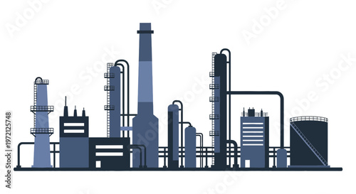 Industrial Oil Refinery and Factory Plant Vector Illustration in Minimalist Flat Design Style
