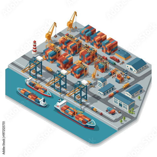 Isometric View of a Busy Container Port with Ships and Cranes.
