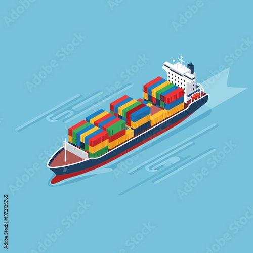 Isometric Cargo Ship Carrying Colorful Containers on Blue Water.