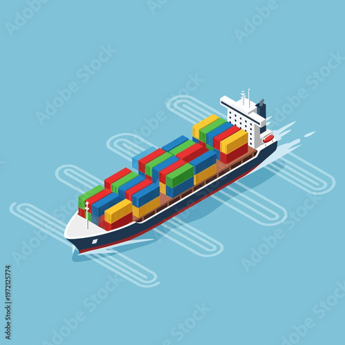 Isometric Cargo Ship Illustration with Colorful Containers and Wake.