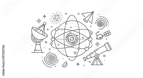 Modern line art illustration of scientific and space exploration concepts, featuring an atom, satellite, telescope, and cosmic elements.