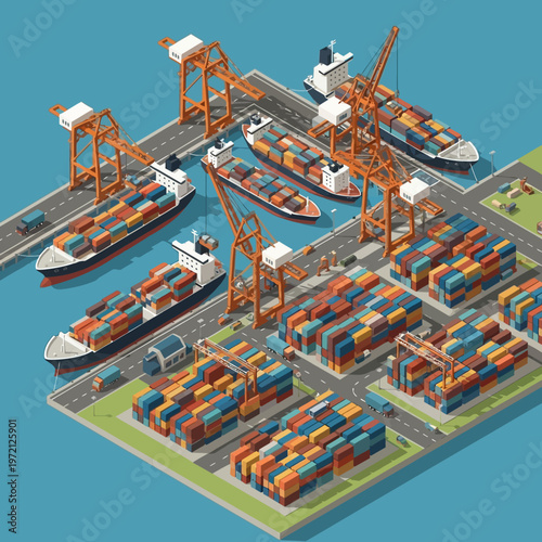 Isometric Port Scene - Container Ships, Cranes, and Cargo Stacks.