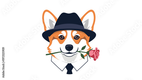 Dapper corgi dog character wearing a black hat white shirt and tie while holding a red rose flower in its mouth as a romantic.