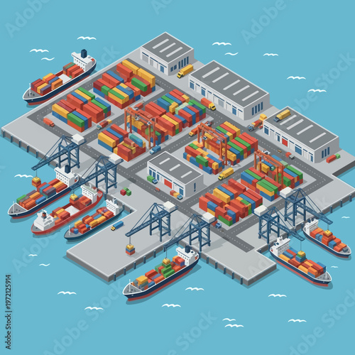 Isometric View of a Busy Container Port with Ships and Cargo.