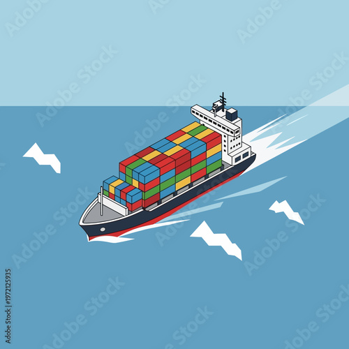 Cargo Ship Transporting Colorful Containers Across the Ocean.