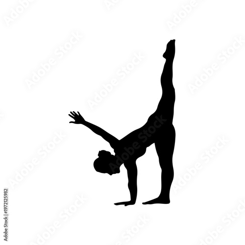 Yoga gymnast silhouette performing standing split on white background