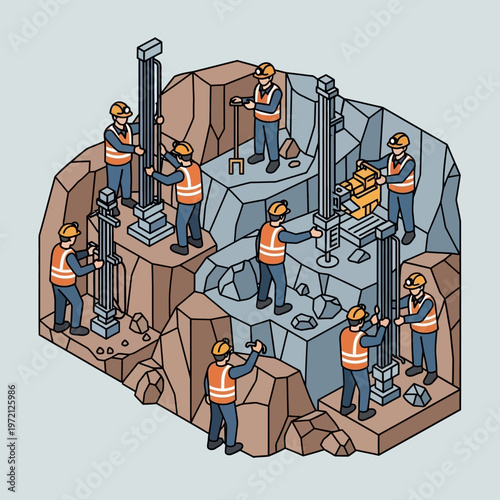 Workers drilling and excavating a mine.
