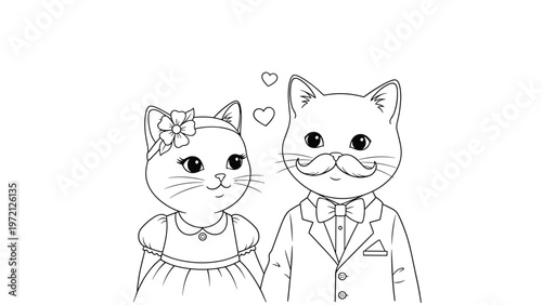 Coloring page line art of two cats dressed in formal wedding attire like a dress and suit with small hearts floating above.
