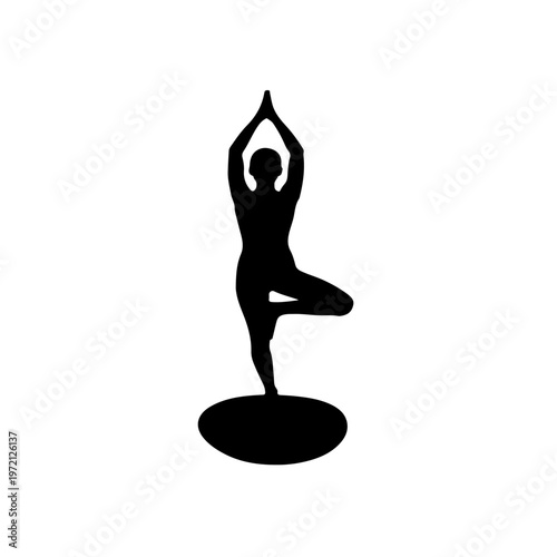 Woman practicing yoga, tree pose on platform, healthy active lifestyle