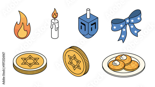 Hanukkah Holiday Symbols Collection: Dreidel, Candles, Gelt, Latkes, and Decorative Bow Icons
