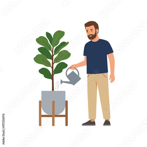 Man watering plant in pot on stand with watering can indoors
