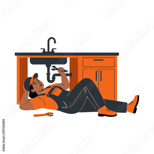 A plumber is fixing a sink under the kitchen cabinet with tools.