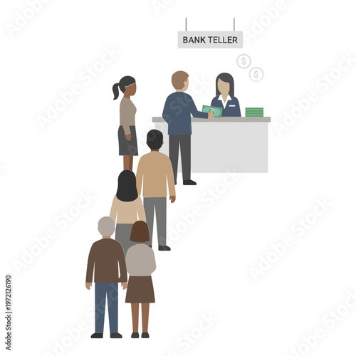 People wait in line at a bank teller counter indoors.