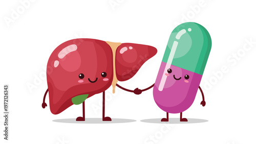 Friendly human liver character and a colorful medicine capsule holding hands to represent the positive effect of treatment on organ health.