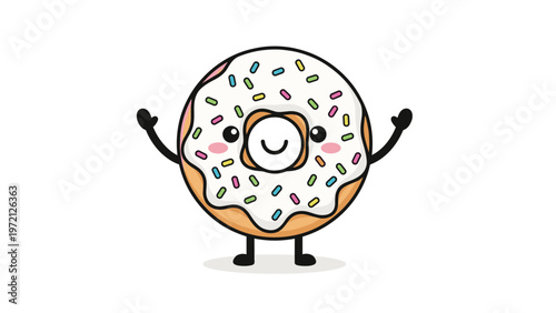 Cute and happy cartoon donut with white frosting and colorful sprinkles is waving its hands in a cheerful vector illustration for kids and bakeries.