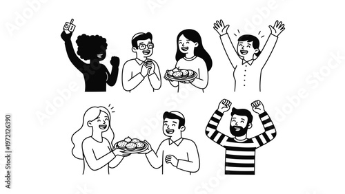 Hand-drawn diverse people celebrating, cheering, and sharing food. Festive cartoon characters expressing joy and community.