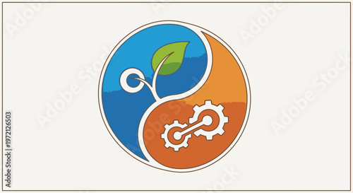 Abstract yin yang symbol of nature and industry with gears and leaf