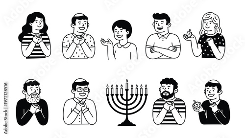 Jewish community and Hanukkah symbols line art set. Diverse people, menorah, and religious gestures in black and white icons.