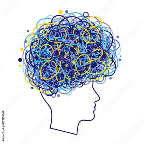A profile silhouette of a human head filled with a chaotic, tangled mass of colorful lines and circles representing complex thoughts or mental states.