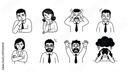 Vector set: People expressing negative emotions like stress, worry, sadness, frustration, and despair. Black and white line art.