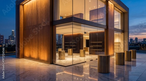 Modern building with glass walls, wood paneling, and warm interior lights at dusk. Sleek architecture with marble flooring and city skyline in background, elegant contemporary design.