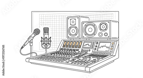 Audio mixing console and microphone setup illustration for music production