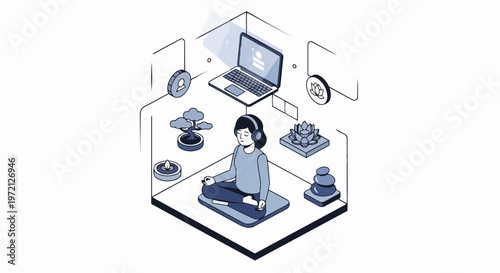 Isometric Illustration of a Woman Meditating with Headphones for Digital Wellness, Mindfulness, and Online Mental Health App Concept