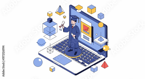 Isometric Online Graduation Illustration - Student with Diploma on Laptop for E-learning and Digital Education Concepts