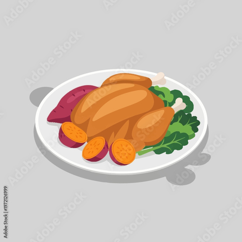 Roasted turkey with vegetables on plate.