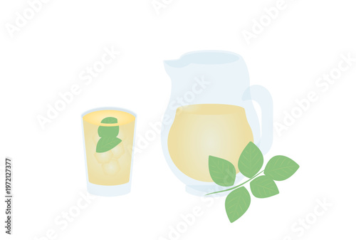 氷の入ったガラスグラスとピッチャーに注がれたアイスミントティー