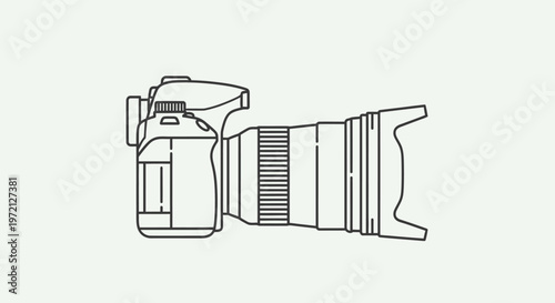 Outline vector illustration of a professional DSLR camera with a telephoto lens and lens hood, minimalist photography equipment icon