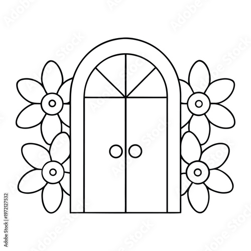 A rustic wooden door framed by blooming flowers, petals spilling over stone walls, inviting warmth and nature’s charm into a peaceful, sunlit garden entrancein spring morning light
