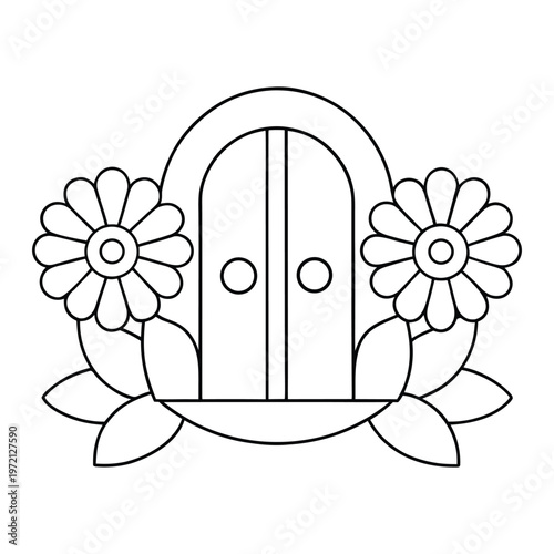 A rustic wooden door framed by blooming flowers, petals spilling over stone walls, inviting warmth and nature’s charm into a peaceful, sunlit garden entrancein spring morning light
