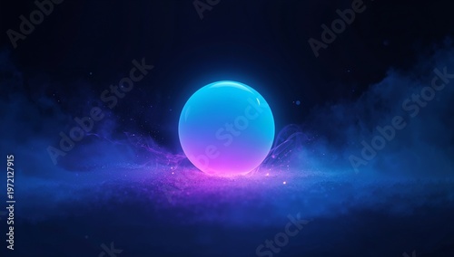 Futuristic Glowing Blue Sphere Surrounded by Neon Clouds in Dark Cosmic Scene
