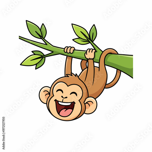 Delightful cartoon monkey with a big smile, playfully hanging upside down from a leafy tree branch, a cheerful representation of joyful jungle animal life
