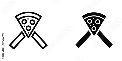 Two stylized pizza slices crossed with utensils in contrasting colors.