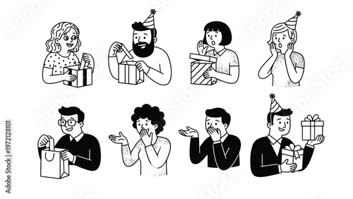 Happy People Opening Gifts and Celebrating - Hand-Drawn Line Art Set