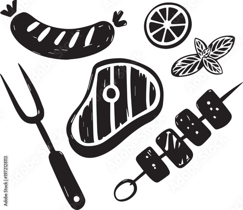 Hand drawn set of barbecue and grill food items. steak, sausage, skewer, fork, lemon, basil.