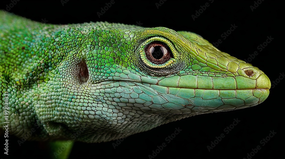 Fototapeta premium A close-up of a vibrant green lizard's head with a black background