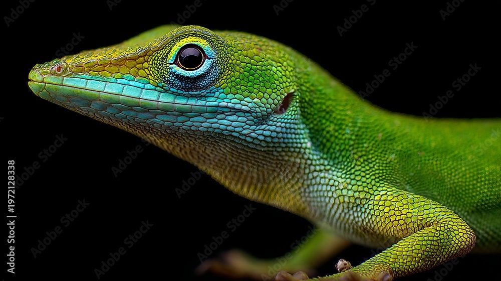 Fototapeta premium A vibrant green lizard with a blue chin and yellow accents on its face is shown in a close-up profile against a black background