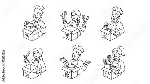 Chefs Unboxing Cooking Utensils & Kitchen Supplies Line Art Set