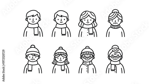 Winter people avatars set. Diverse generation family in scarves and hats. Black and white line art vector icons.