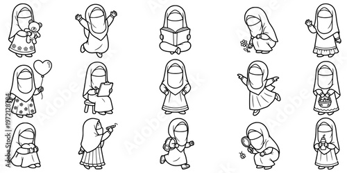 Faceless muslim girl hijab coloring page outline vector set